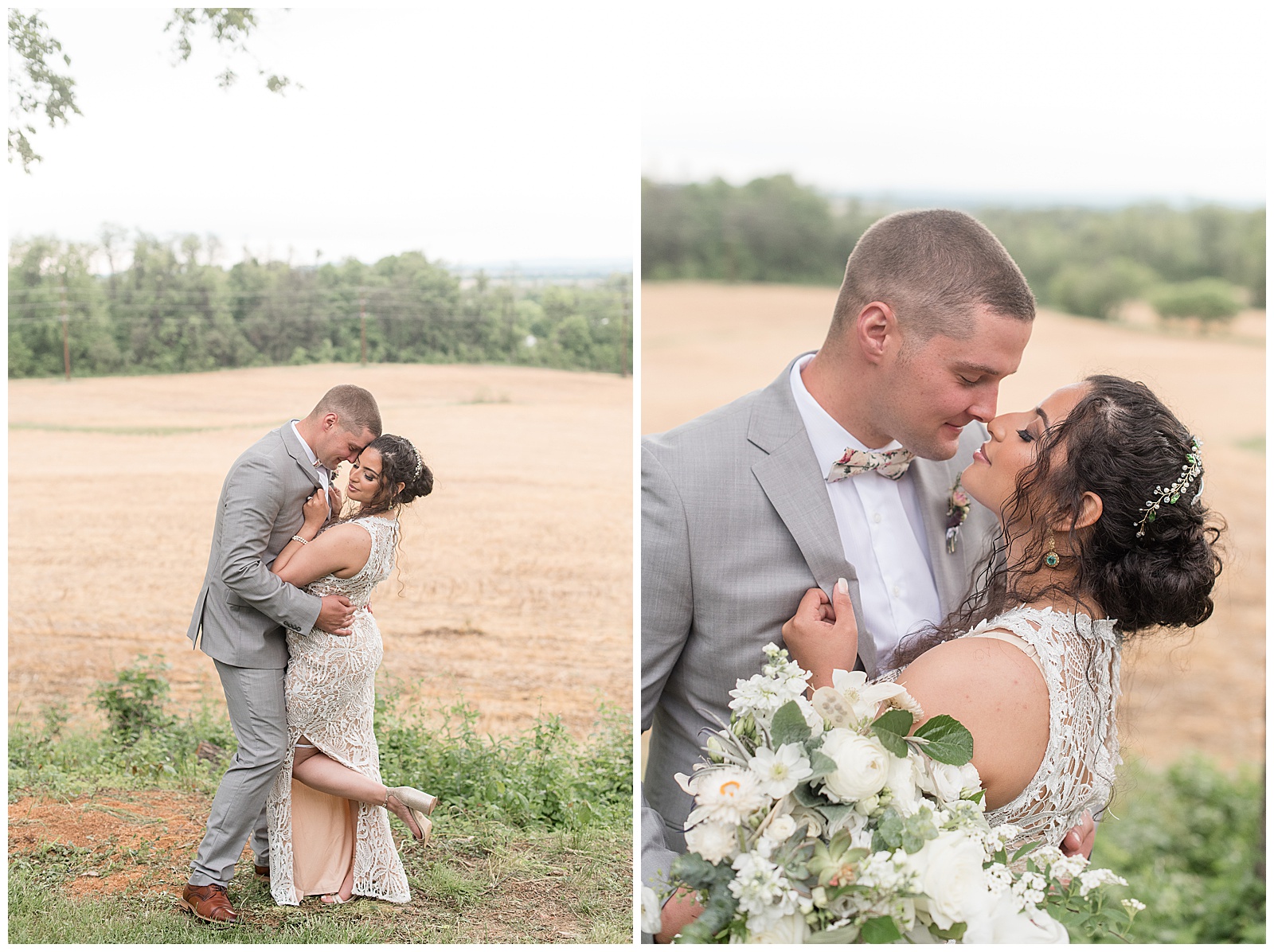 bride kicks back her left heel as she hugs her groom tightly beside farm field on overcast day