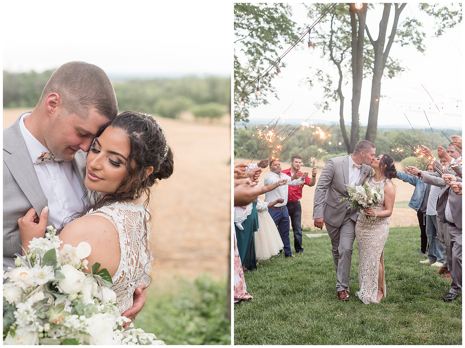 wedding guests holding sparklers as they send off kissing couple walking down aisle between them
