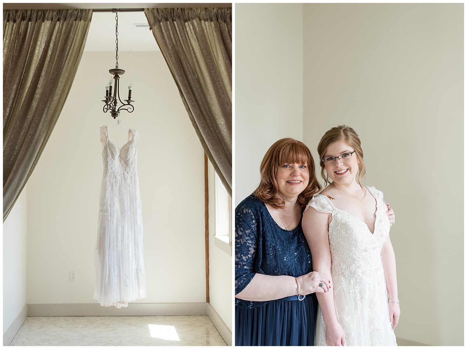 mother of the bride hugging her daughter and looking at the camera smiling inside bridal suite at barn wedding venue