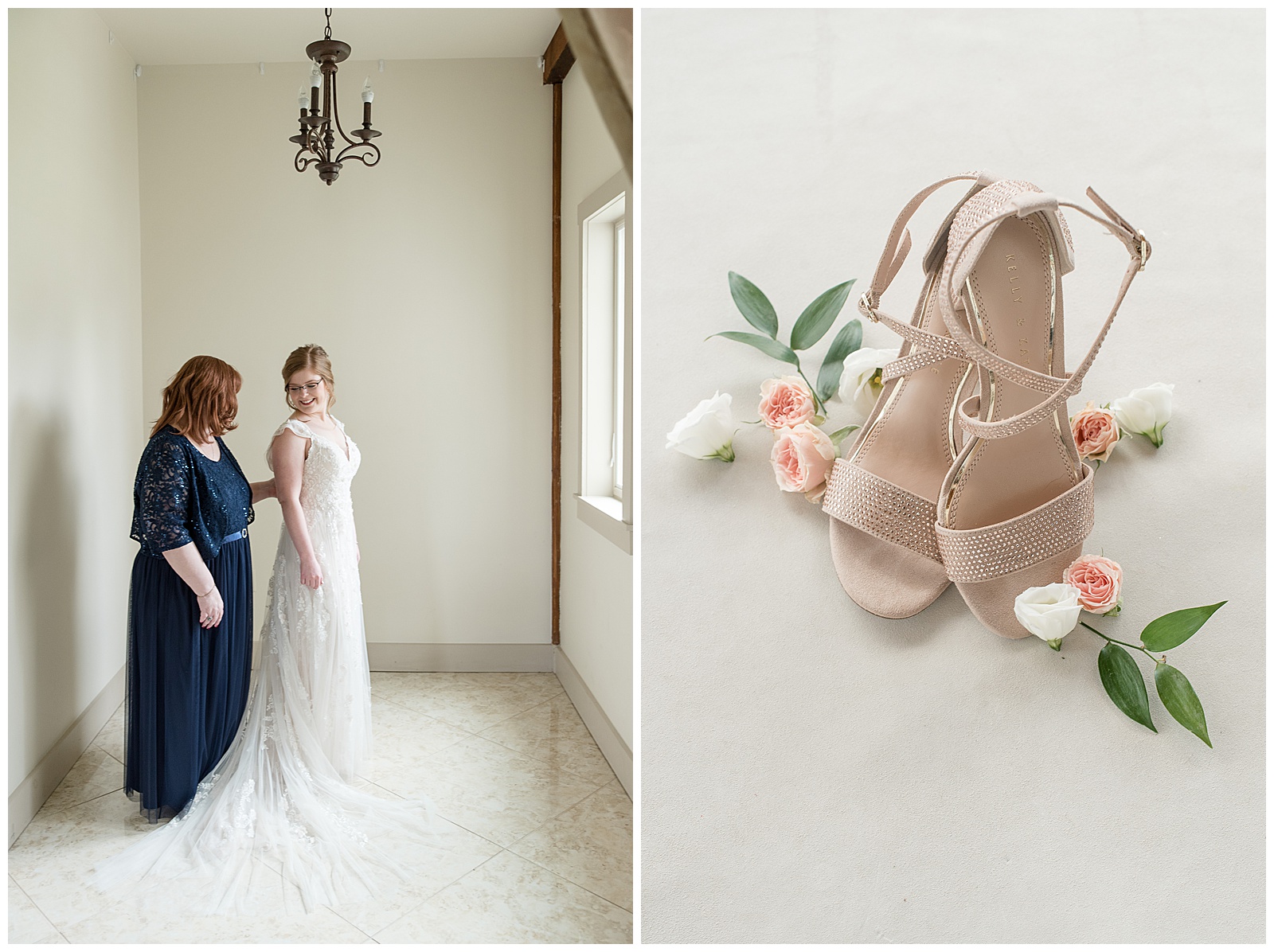bride with her mom in bridal suite before barn wedding ceremony