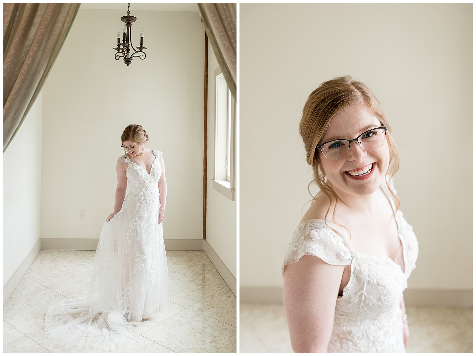 bride smiling and holding one her dress train while standing in white bridal suite before her wedding