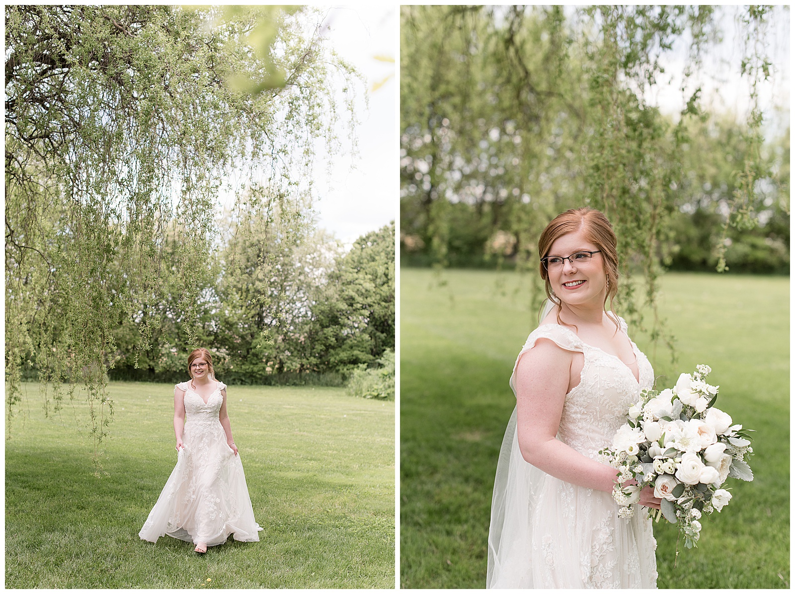 bride in sleeveless white wedding gown and beautiful white floral bouquet smiles under willow tree on spring wedding day
