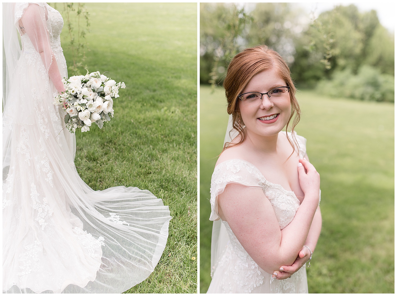 bride poses for camera with arms crossed and smiling in grass lawn on spring day