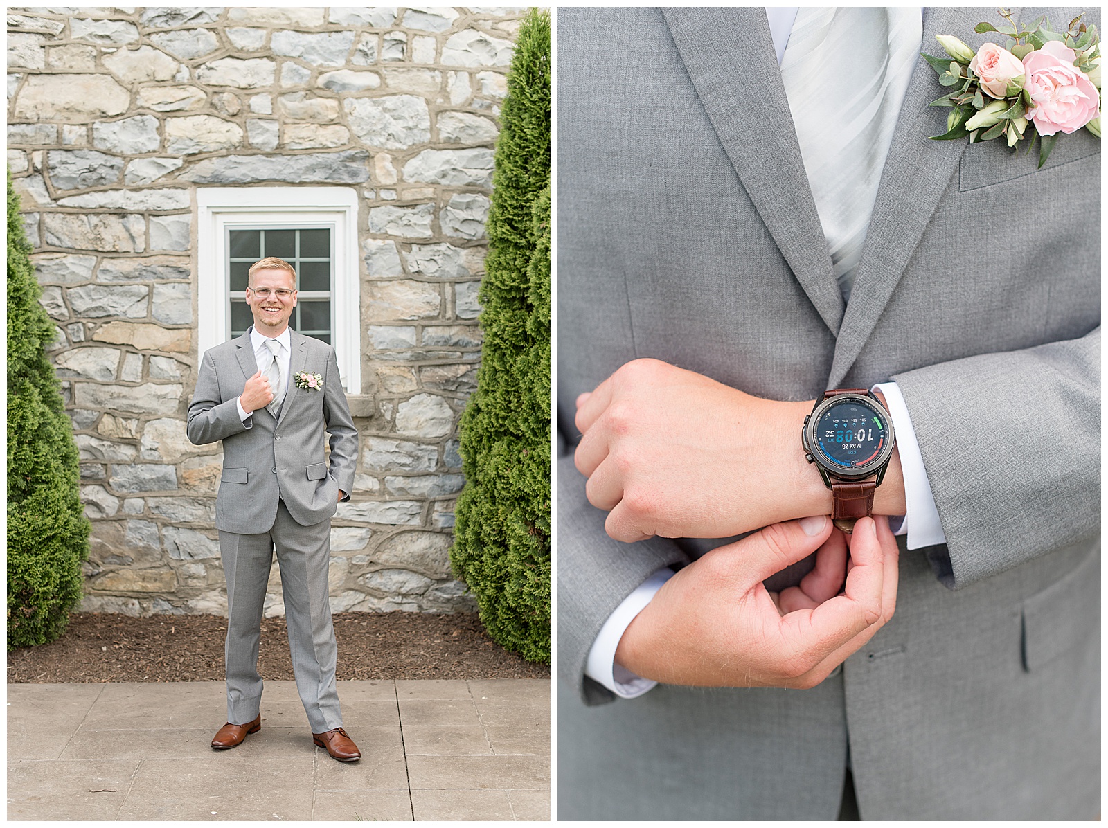 groom completes finishing touches to his watch and tie in preparation for his wedding day
