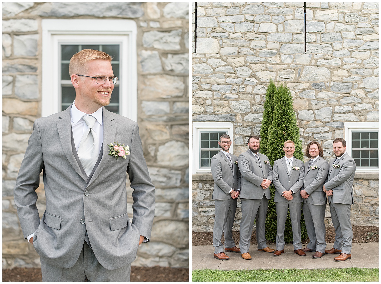 groom looking away from camera with hands in his pockets and surrounded by his groomsmen