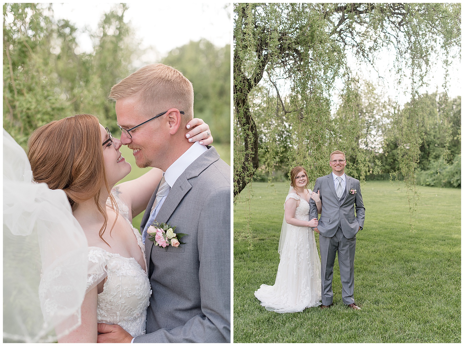 bride and groom smiling while standing under willow tree on beautiful property in lancaster pennsylvania