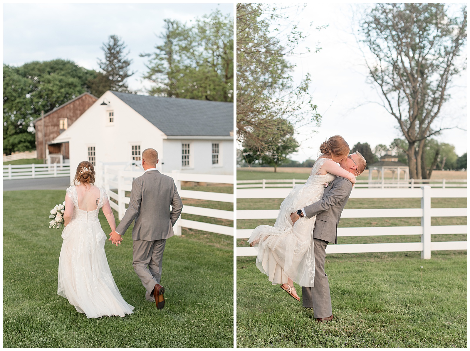 groom lifts bride off the ground in grass meadow by white fence