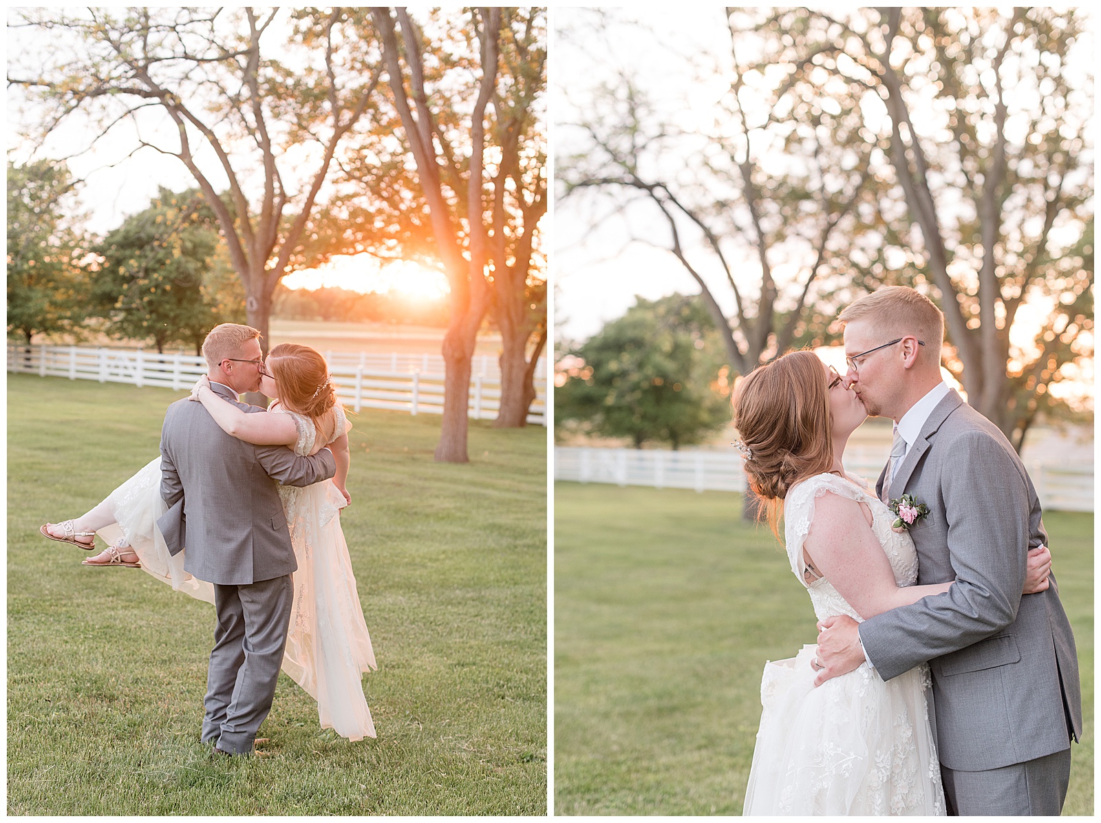 couple hugging tightly and kissing with bright sunset behind them on spring evening