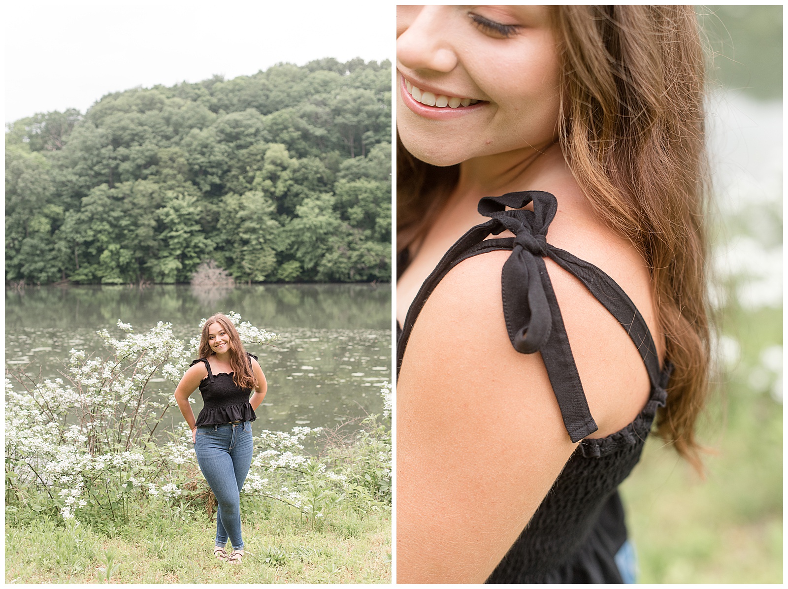 senior girls along edge of lake with hands on hips wearing black tied tank top and jeans on spring day