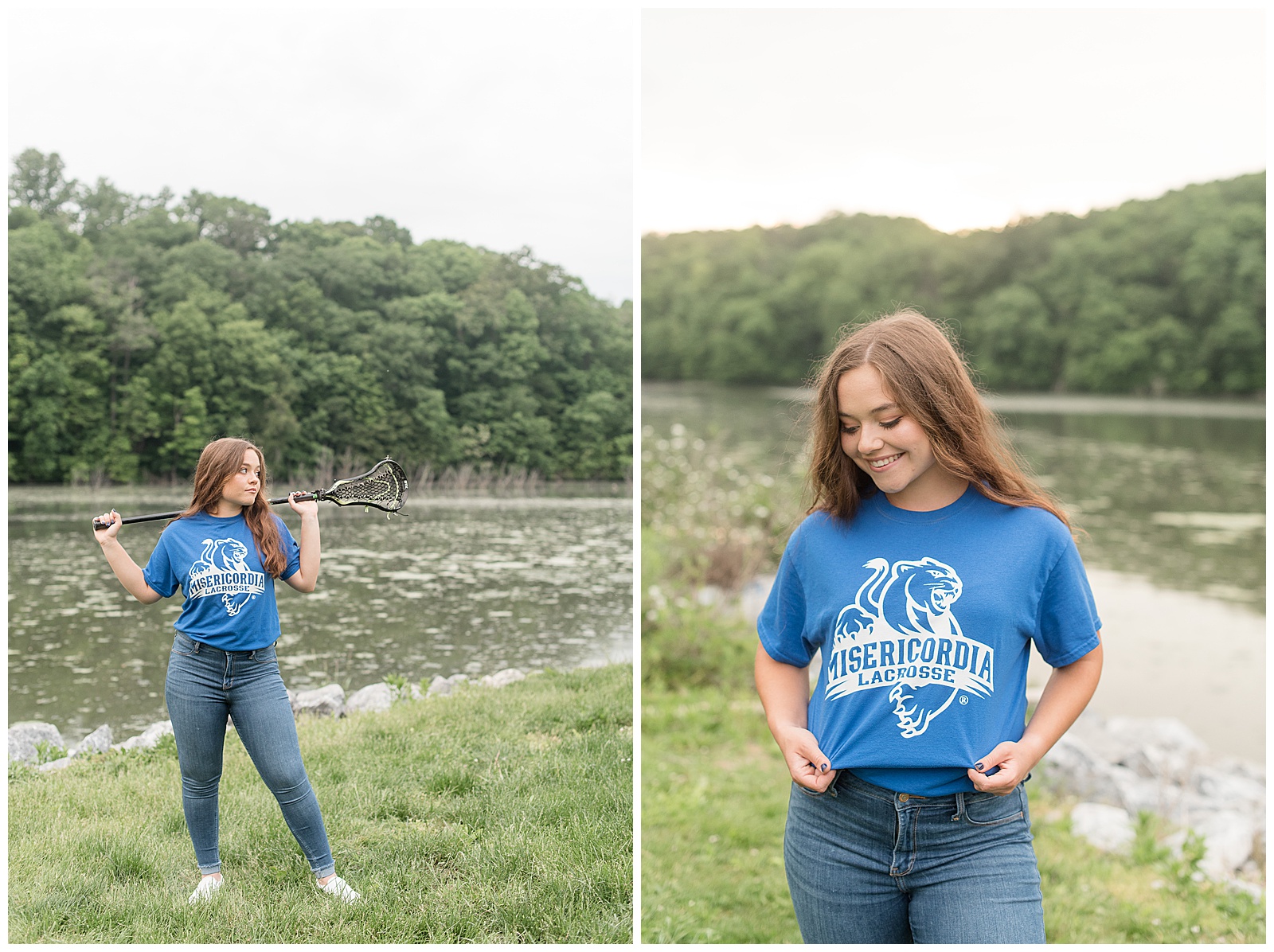 senior girl posing with her college lacrosse team blue shirt and looking down while smiling