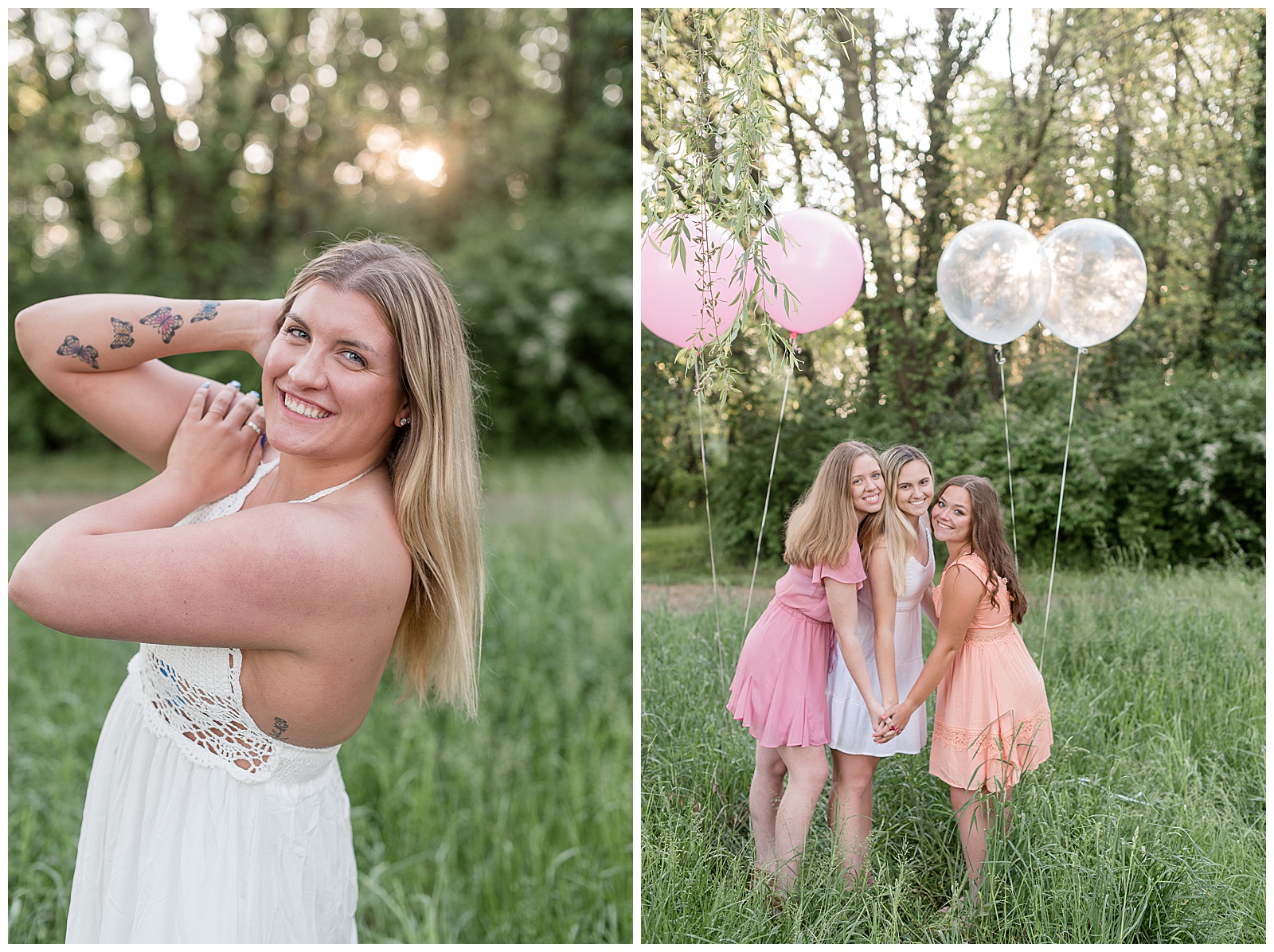 senior girls posing and smiling while holding extra large pink and clear helium balloons