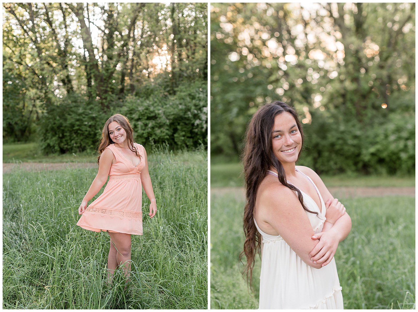 senior spokesmodels glancing over right shoulders smiling while standing in tall green grass field with sunset behind them