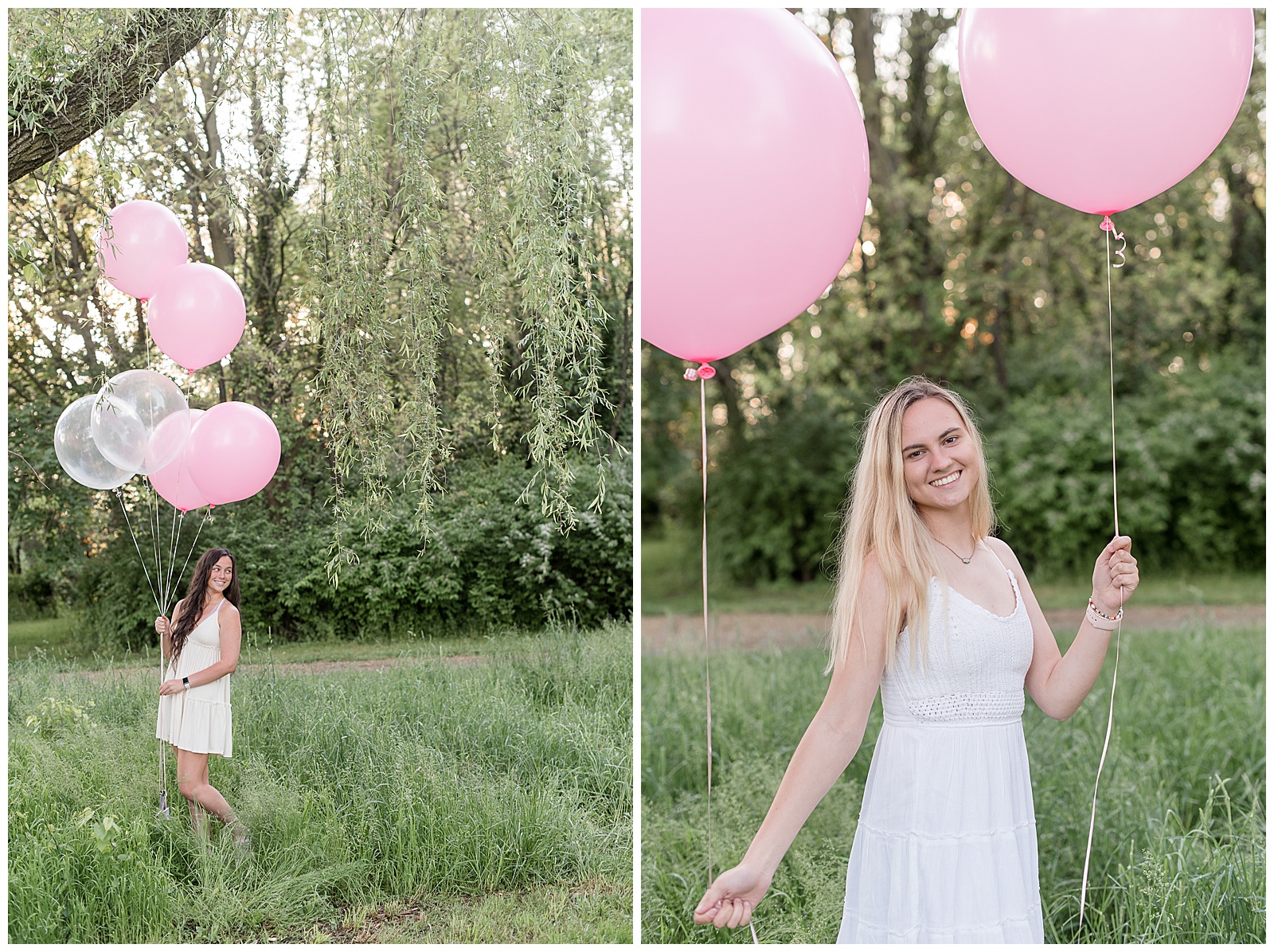 senior spokesmodels in white dresses holding extra large balloons in grassy field by trees in lancaster pennsylvania