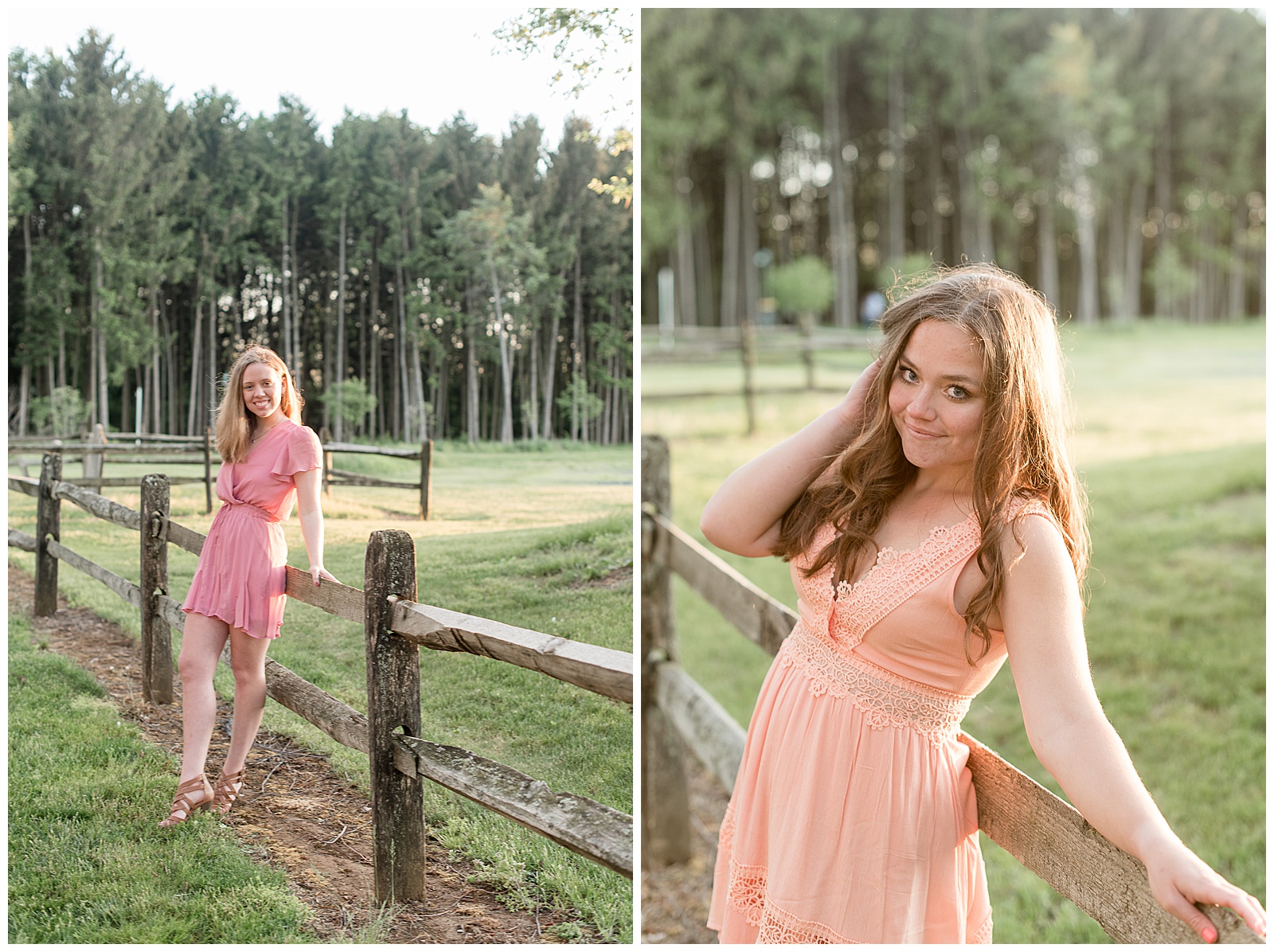 senior girls leaning against wooden fence in pink and peach dresses and smiling at park 