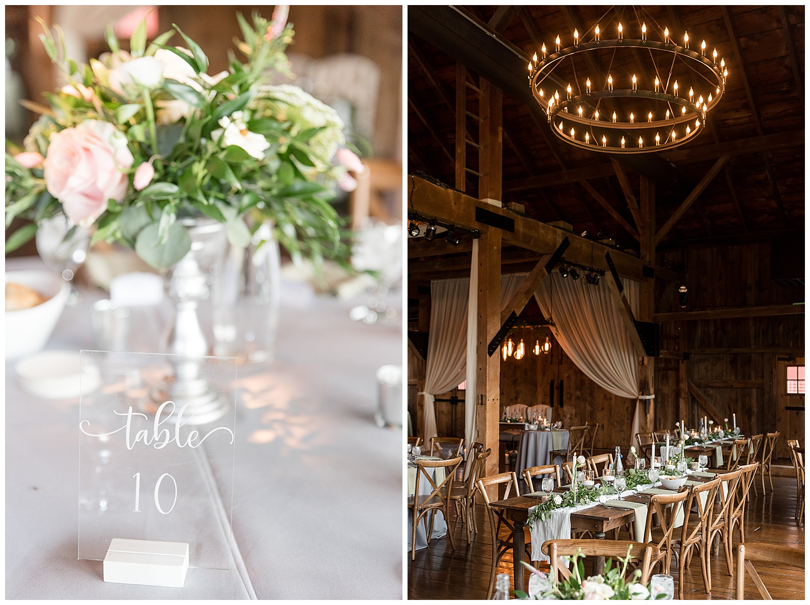 barn wedding reception beautifully decorated with wooden tables and chairs and white curtains displayed from ceiling