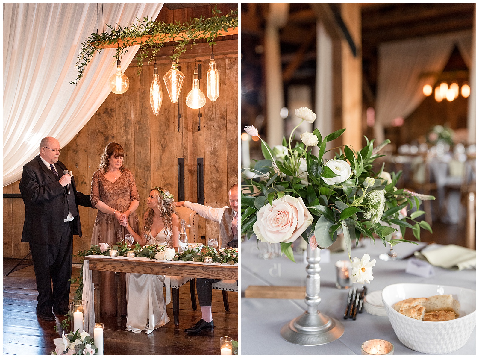 floral table displays and centerpieces show off white spring flowers and greens inside barn venue