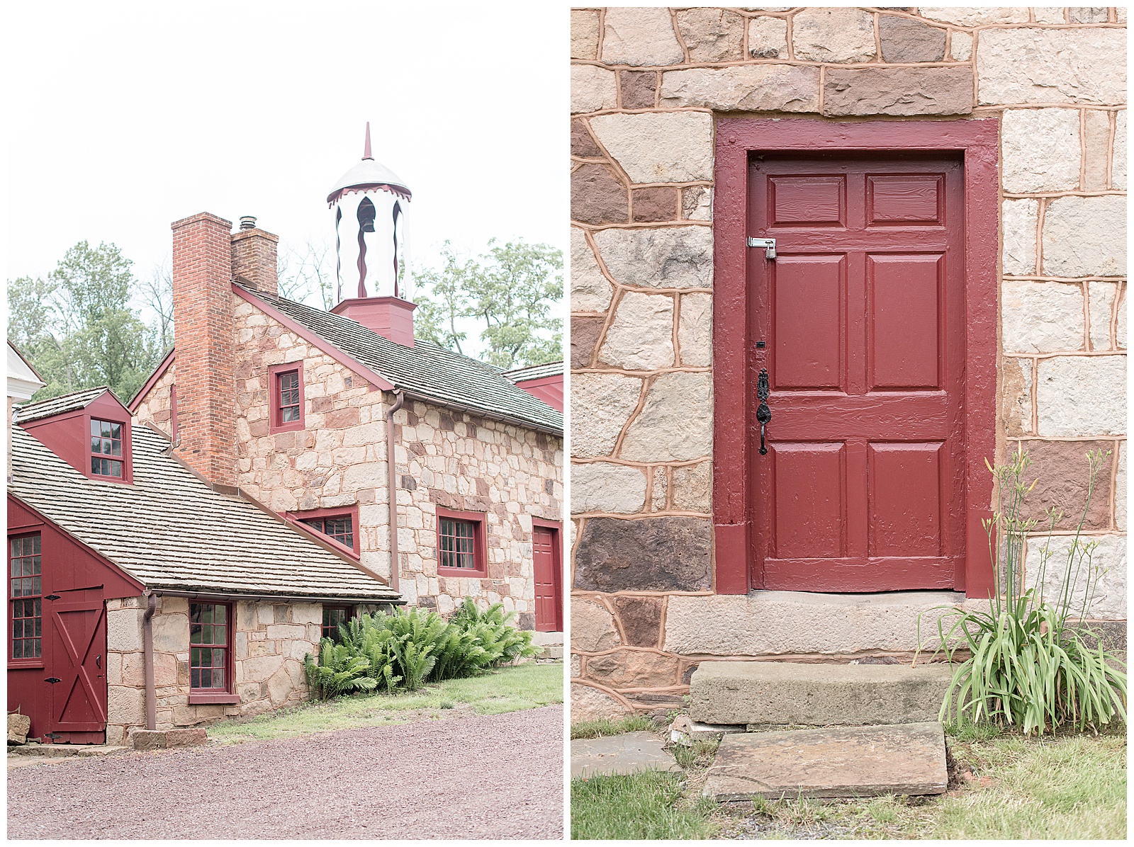 closeup photo of maroon door of stone barn with old large stone steps leading up to the door
