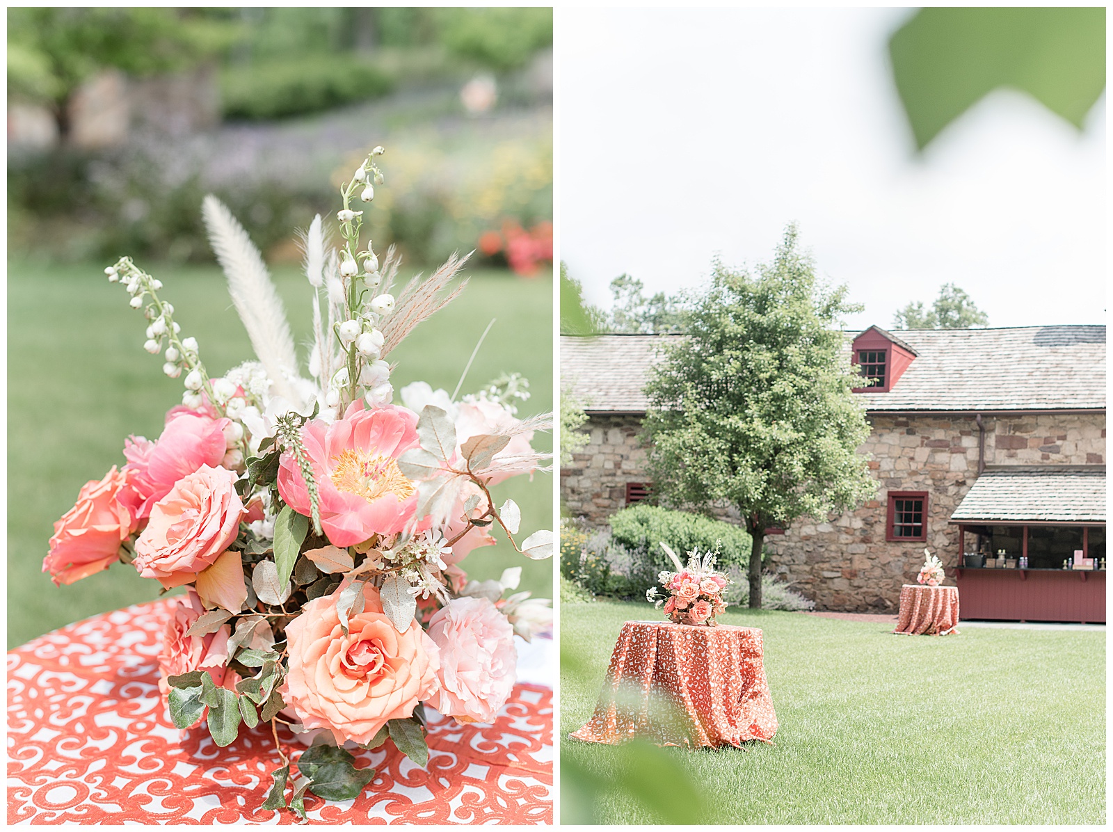 beautiful coral and white flower arrangements on tables topped with coral tablecloths in lawn area by historic barn