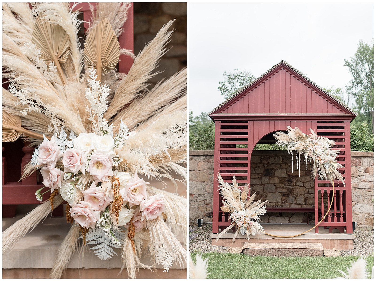 gorgeous pampas grasses and white and light pink roses arranged by maroon building for wedding ceremony