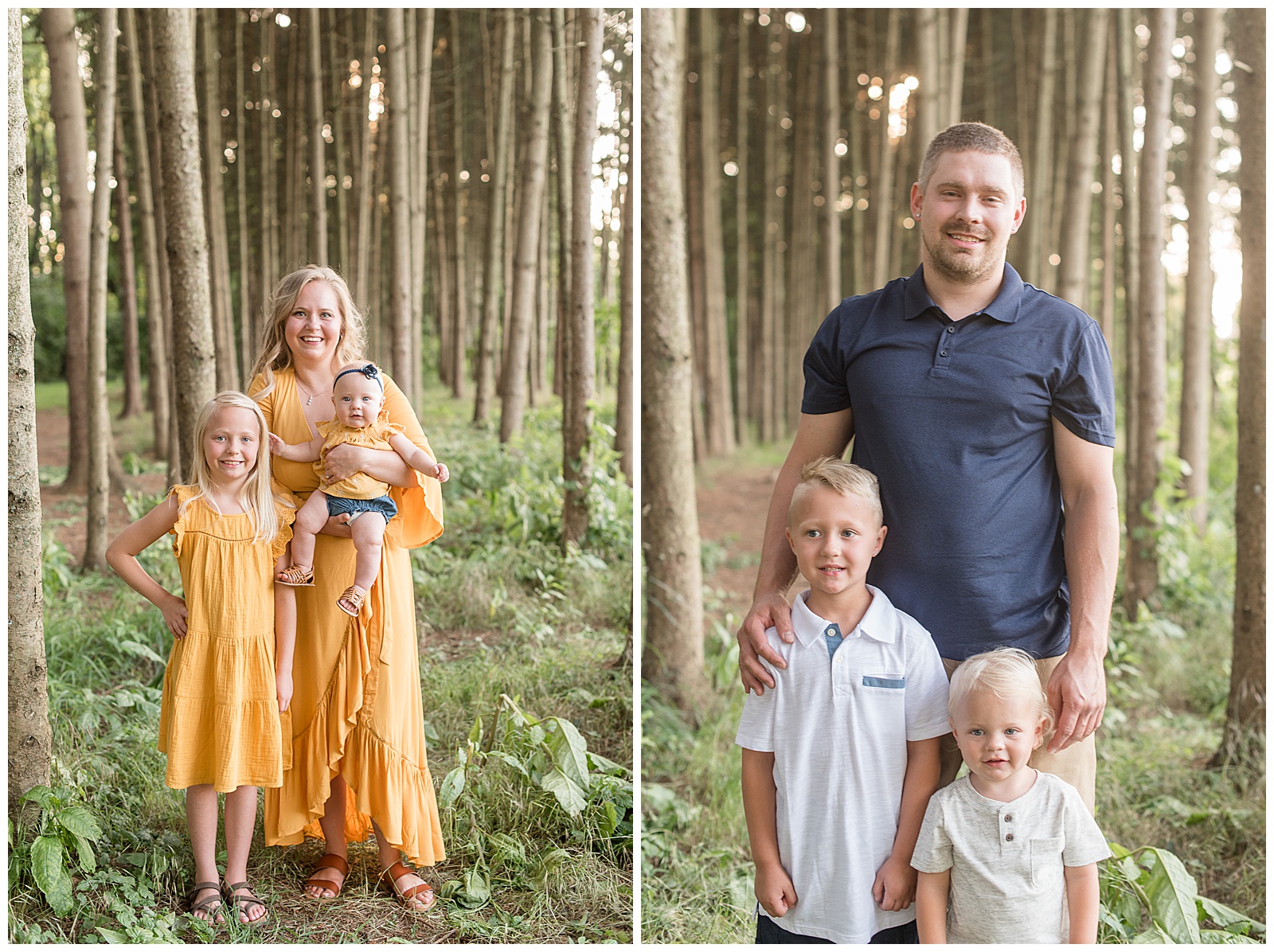 woman with her two small girls and man with his two small boys all smiling in pine tree grove