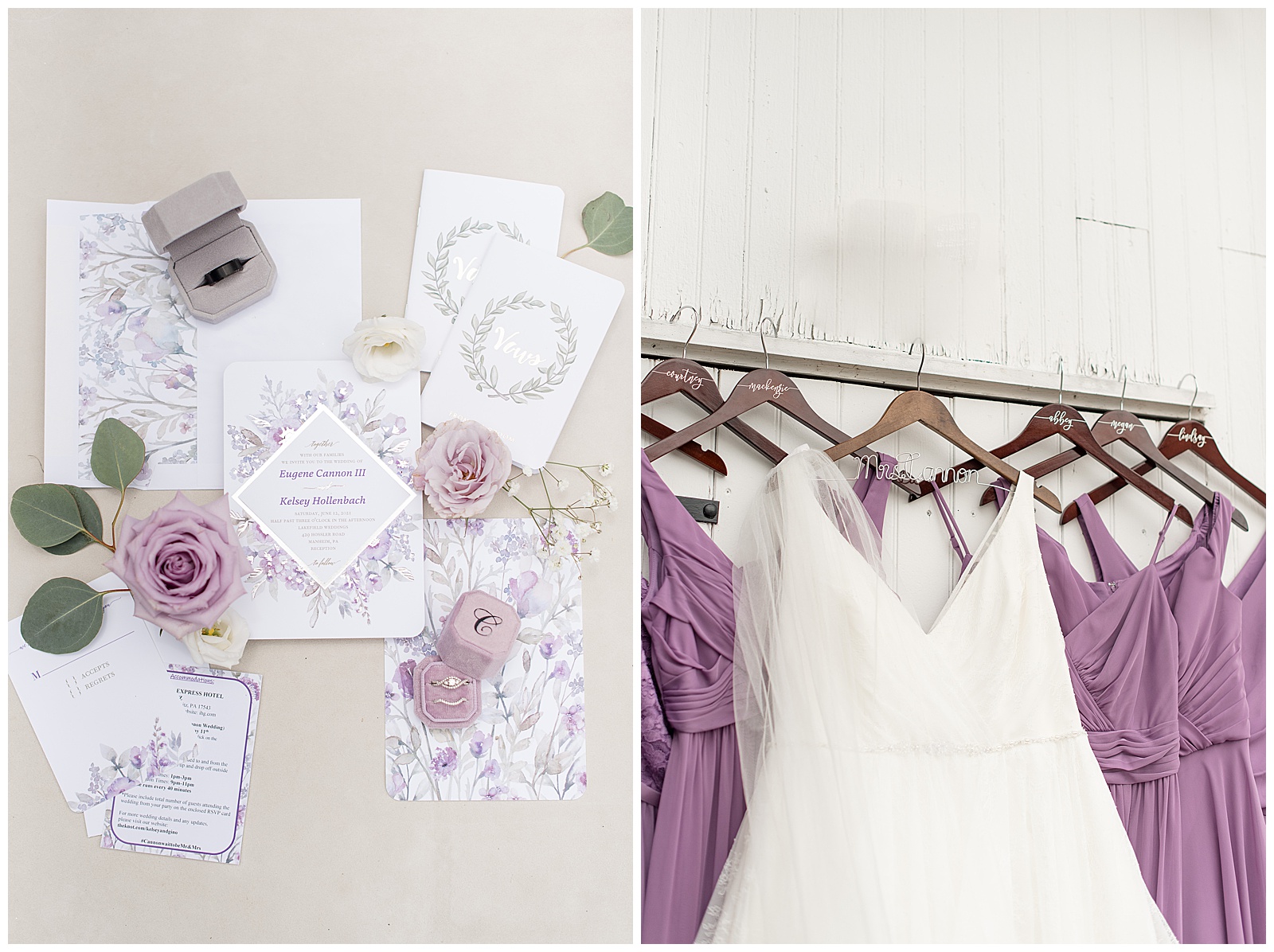 white and lavender wedding invitation surrounded by wedding rings and jewelry in flat-lay photo