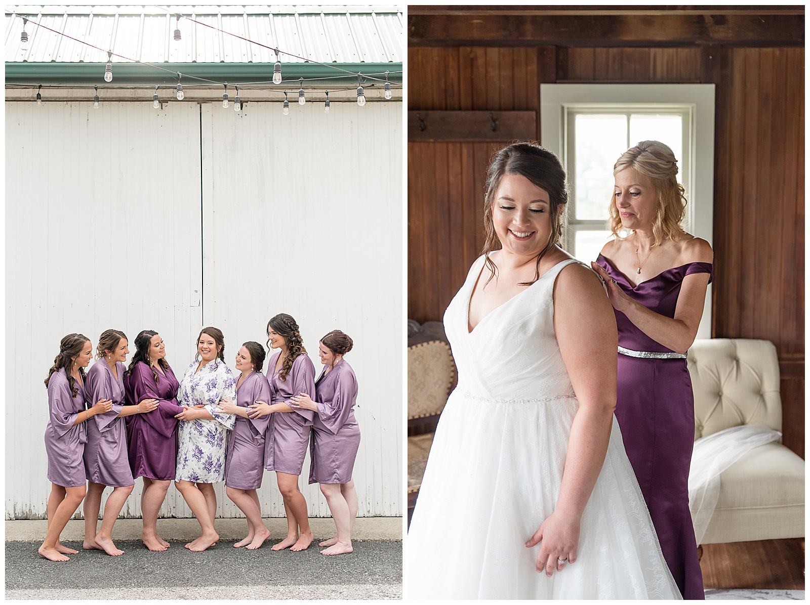 maid of honor in dark lavender dress helps to button up the back of bride's wedding gown in bridal suite