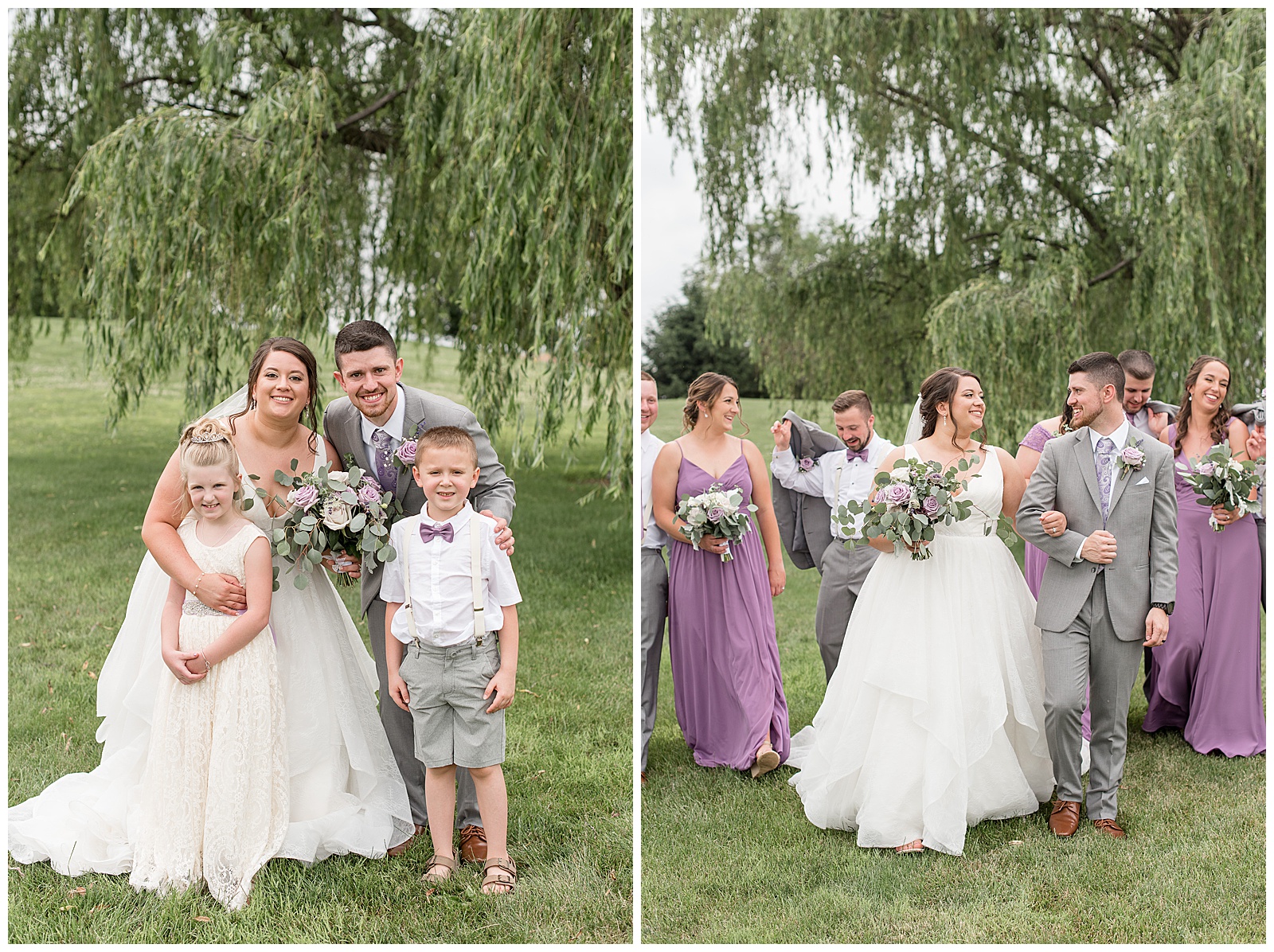 bride and groom hugging their flower girl and ring bearer near lake after their wedding ceremony by willow tree
