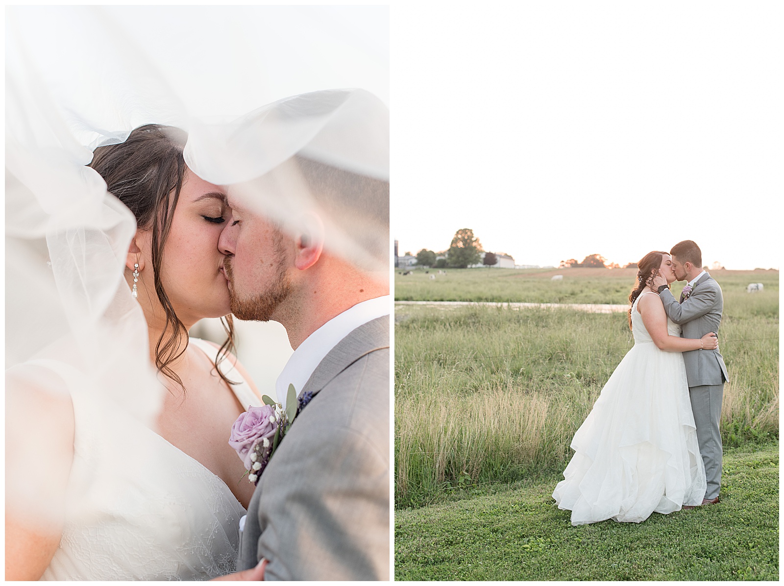 bride and groom kissing surrounded by bride's blowing veil on sunny evening by tall grass field
