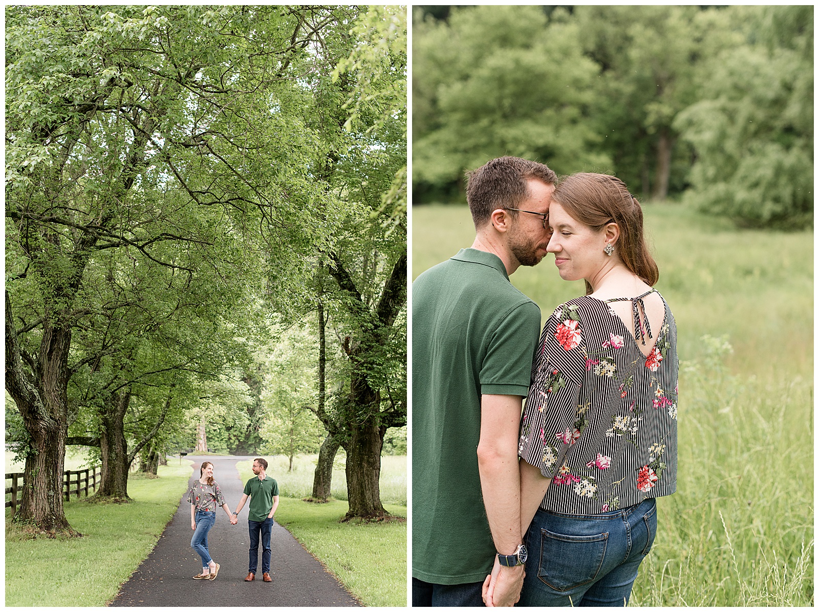 couple on paved tree-lined path holding hands as girl twists away from guy as they look at each other
