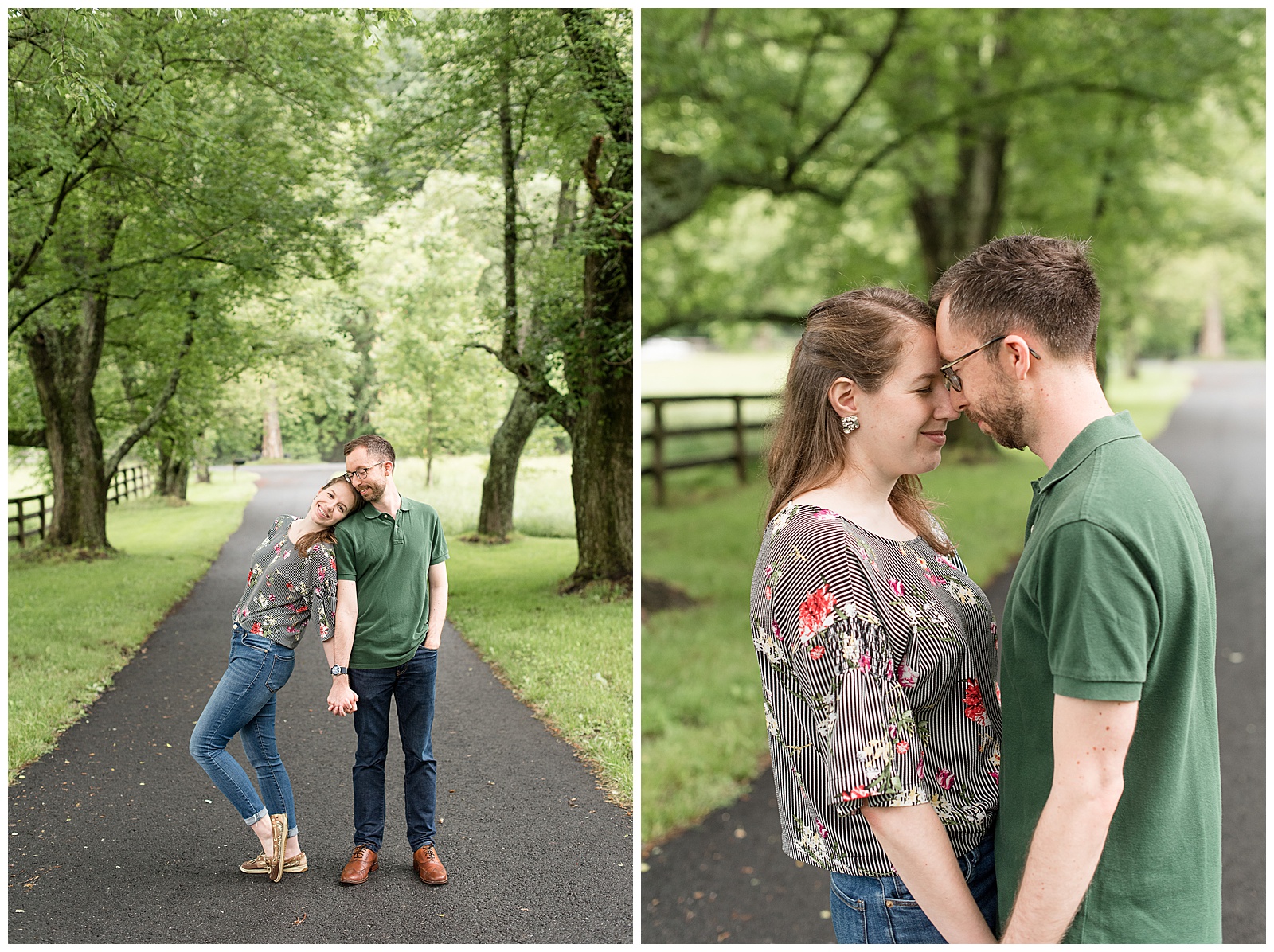 couple rests foreheads together while holding hands and looking down on tree-lined pathway