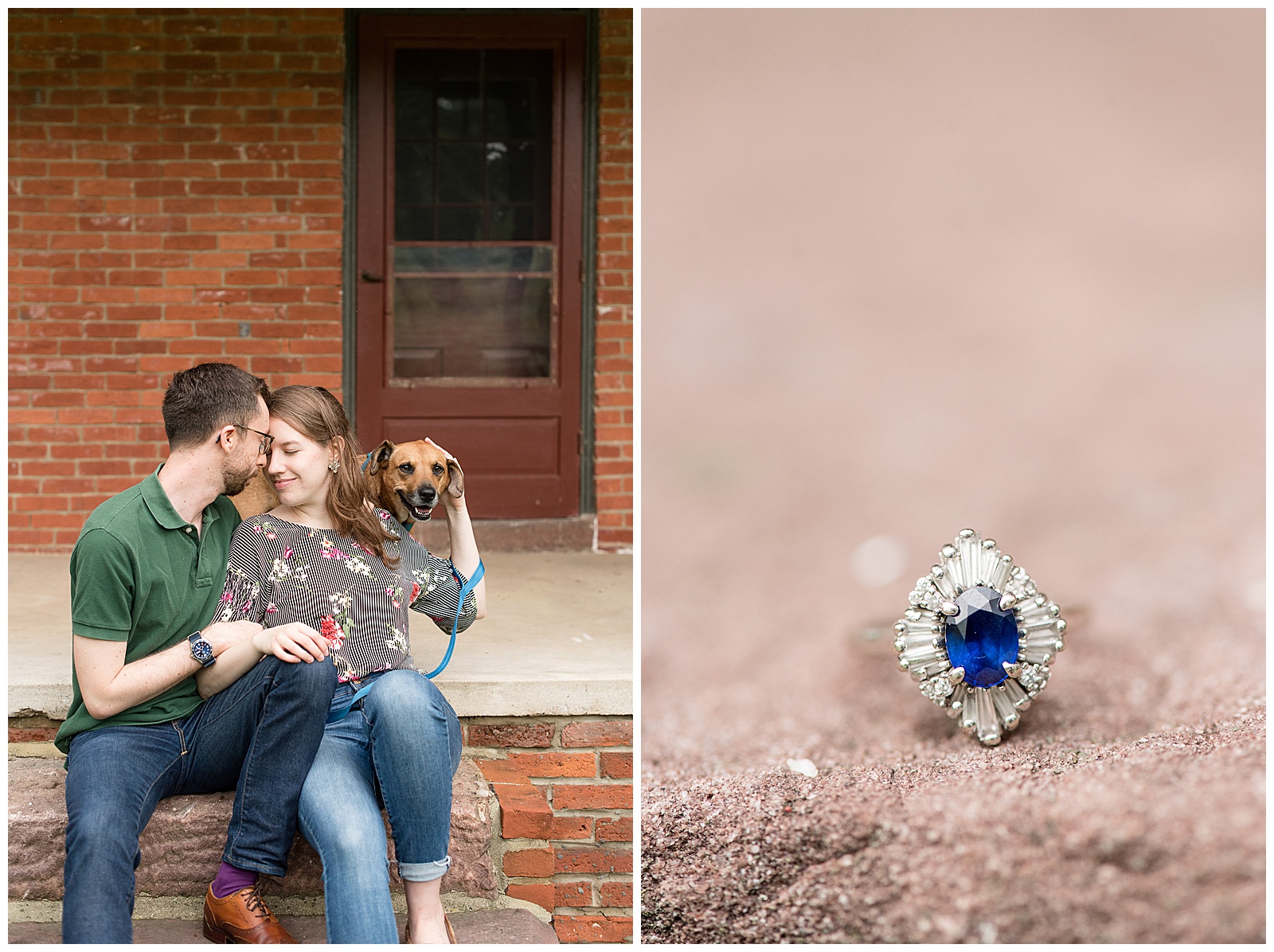 beautiful sapphire and diamond engagement ring displayed on stone wall at private residence