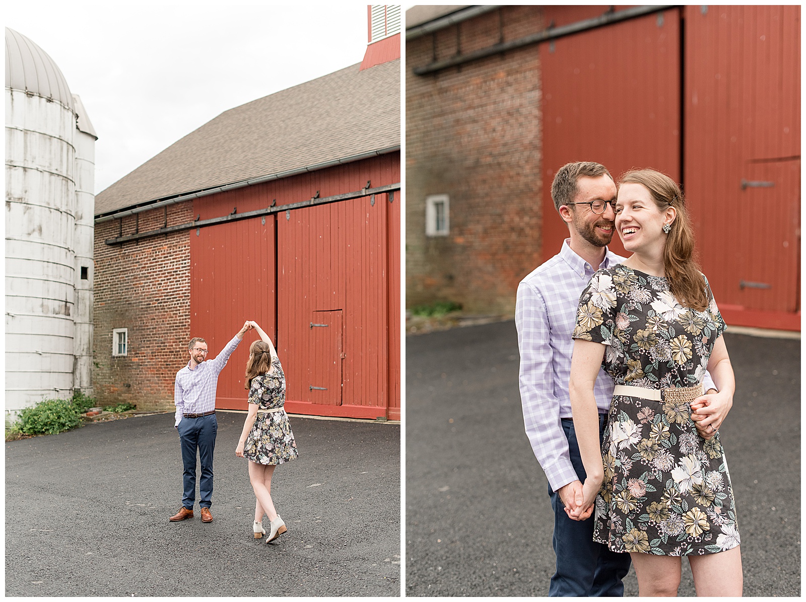 guy twirls girl under his left arm outside beautiful red brick barn and silo