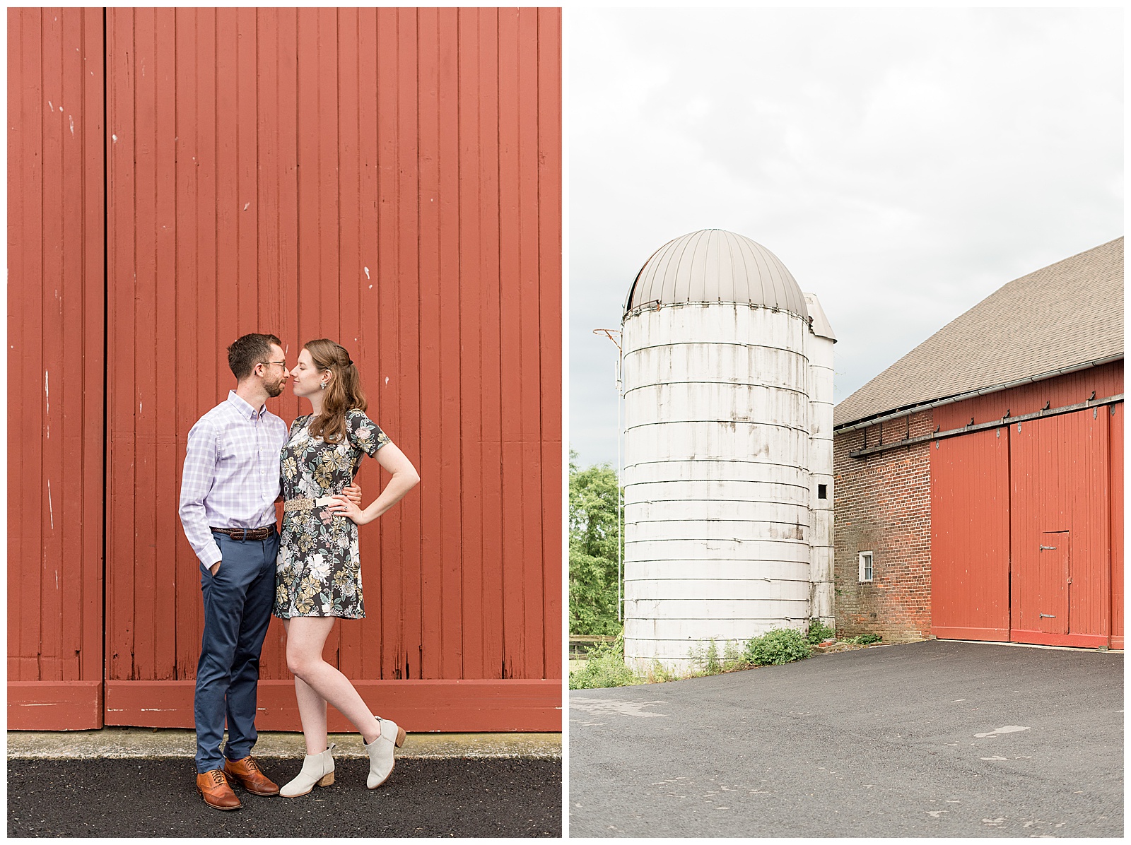 couple almost kissing outside red barn door at private farmhouse residence