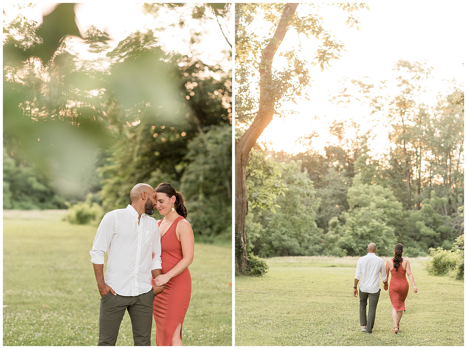 engaged couple stands close smiling by trees in grass lawn on sunny summer evening
