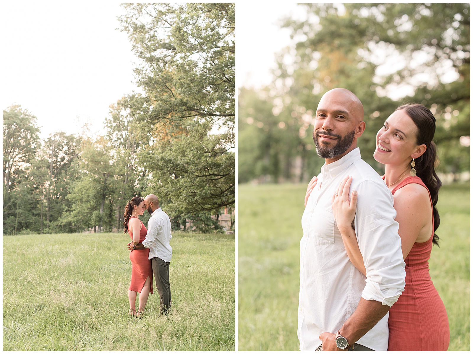 woman hugs guy tightly from behind as he smiles at camera in sunny grassy field