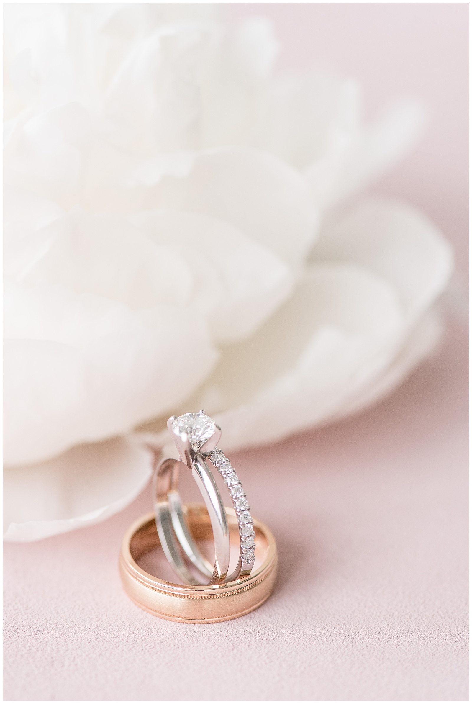 bride's rings balancing inside groom's wedding ring next to white peony on light pink display