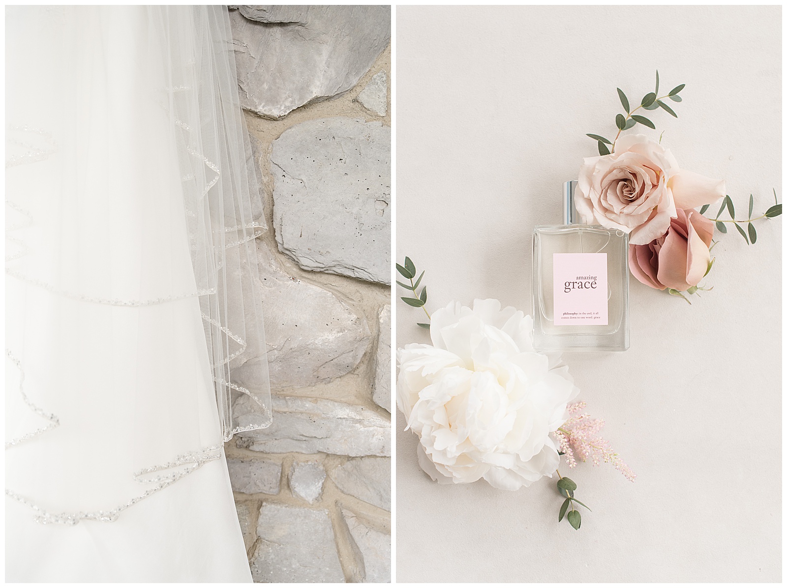 white bridal gown and veil against gray stone wall and perfume displayed by blush and white flowers