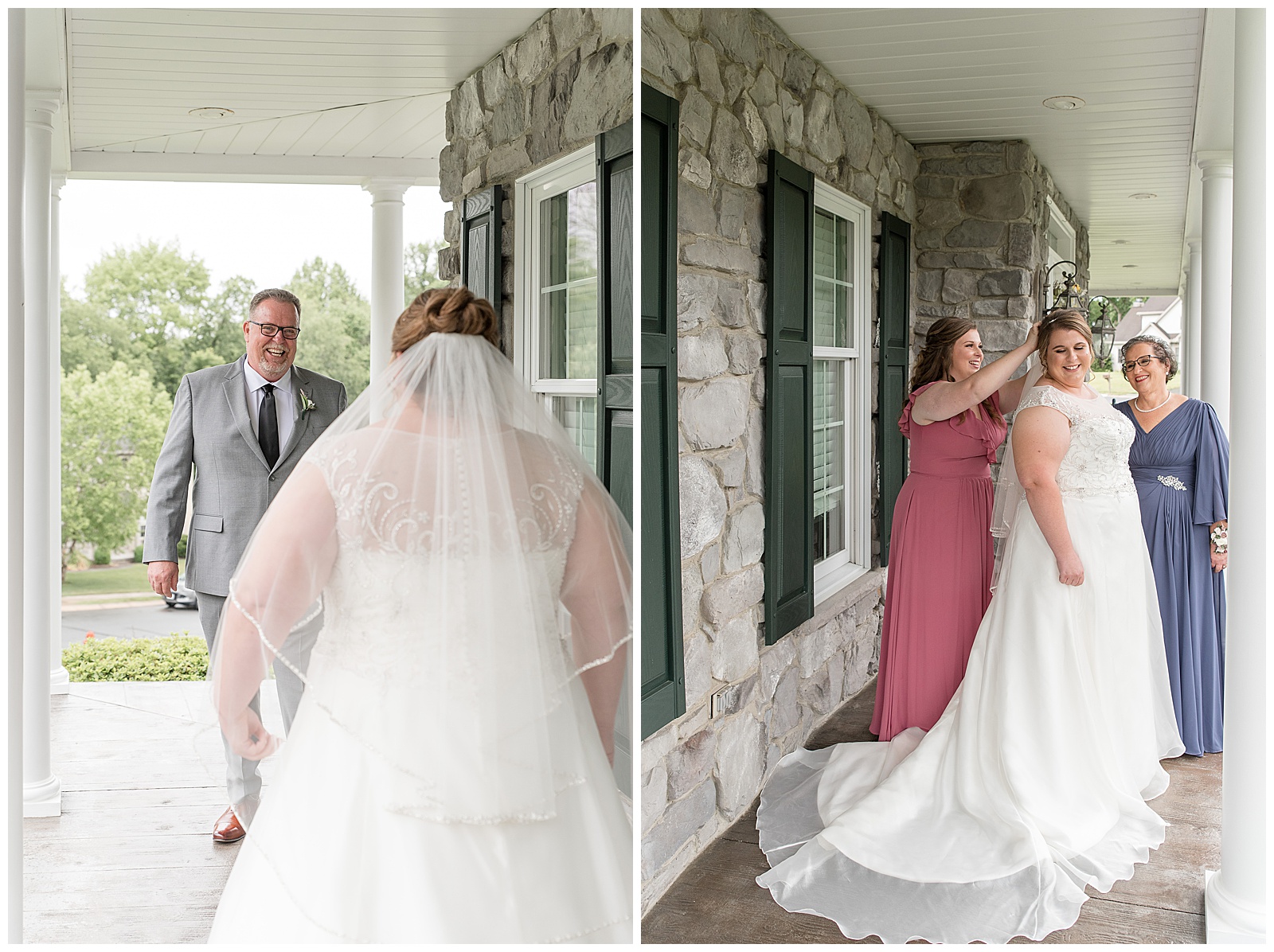 first look between bride and her father and also bride with her sister and mom on front porch of home