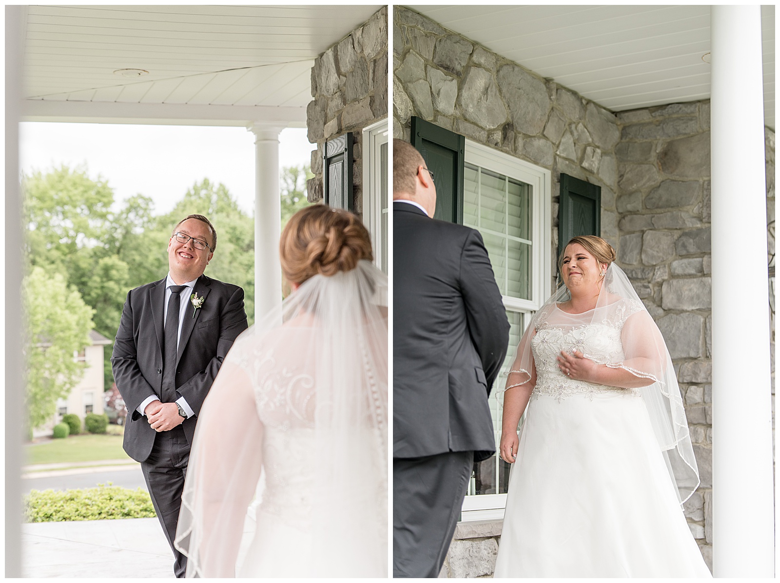bride and groom exchange a first look moment with smiles on front porch of stone home