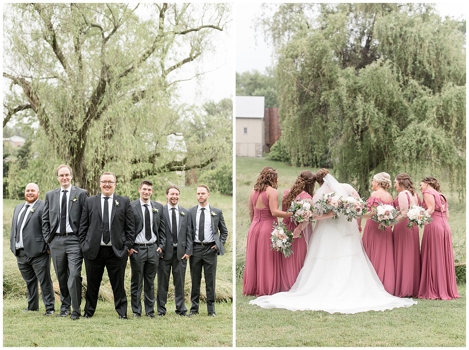 groom and bride surrounded by bridal party and standing close together near willow tree