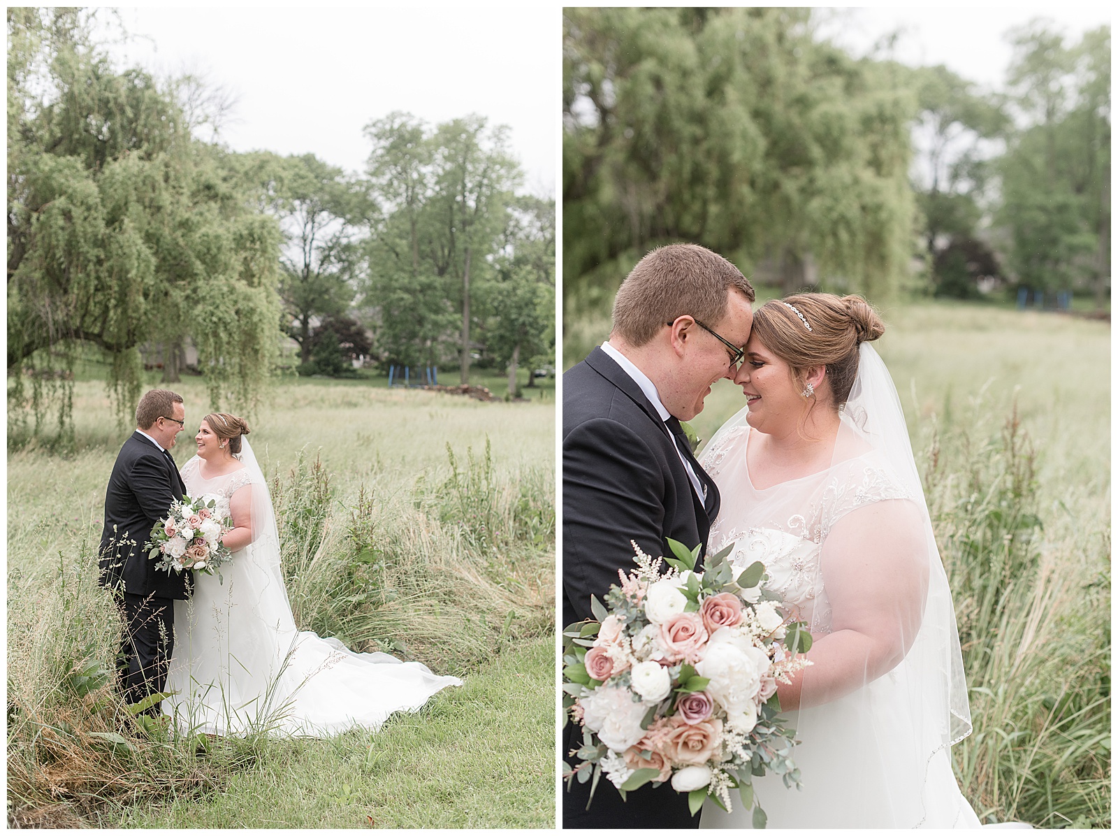 bride and groom standing close resting foreheads together smiling as bride holds bouquet in left hand near willow tree