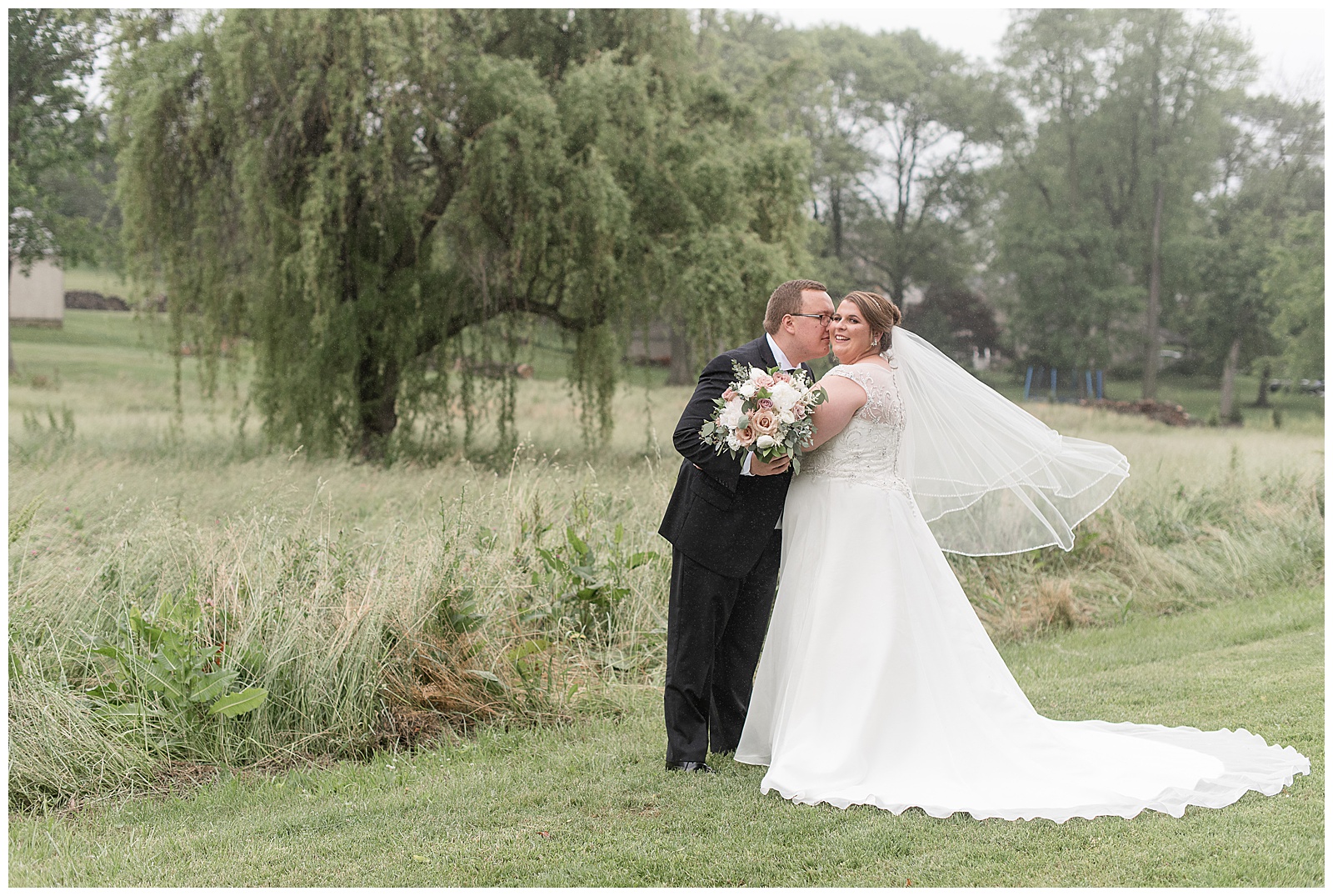 groom kisses bride's right cheek as her veil blows behind her near tall grasses and willow tree in strasburg pennsylvania