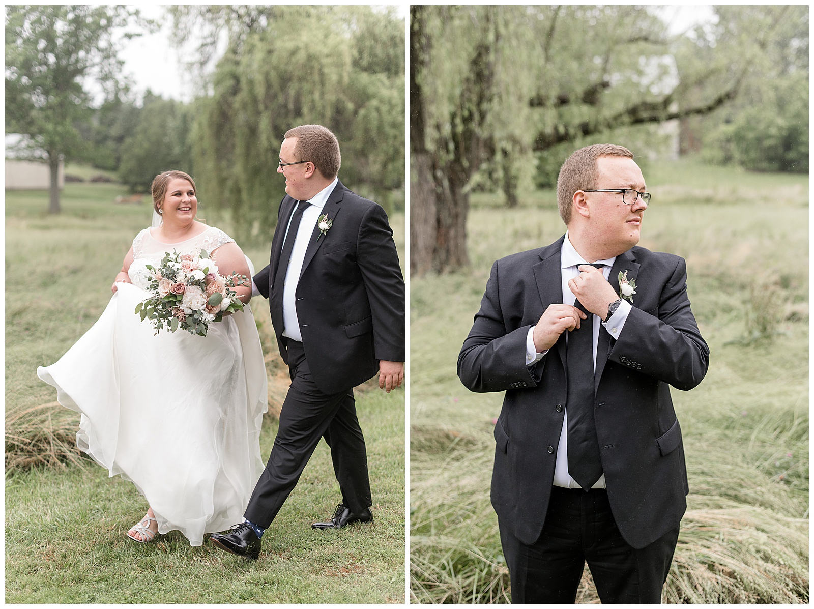 bride holds gown and bouquet as she and her groom walk towards camera and look at each other