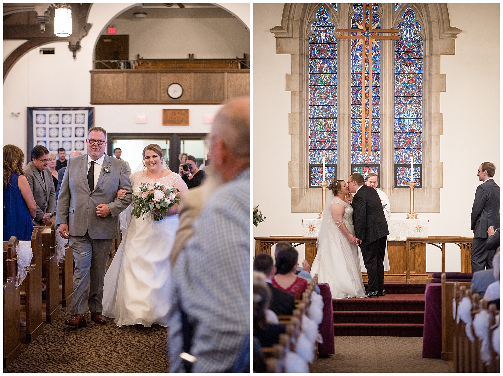 bride's father walking her down the aisle of her wedding day inside beautiful historic lutheran church