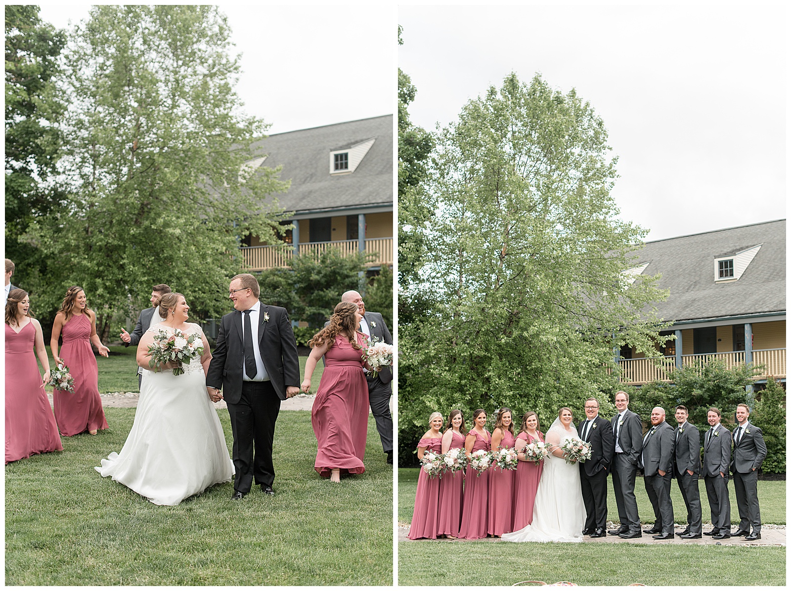 couple and their bridal party all walking towards camera and smiling and looking at each other on sunny day