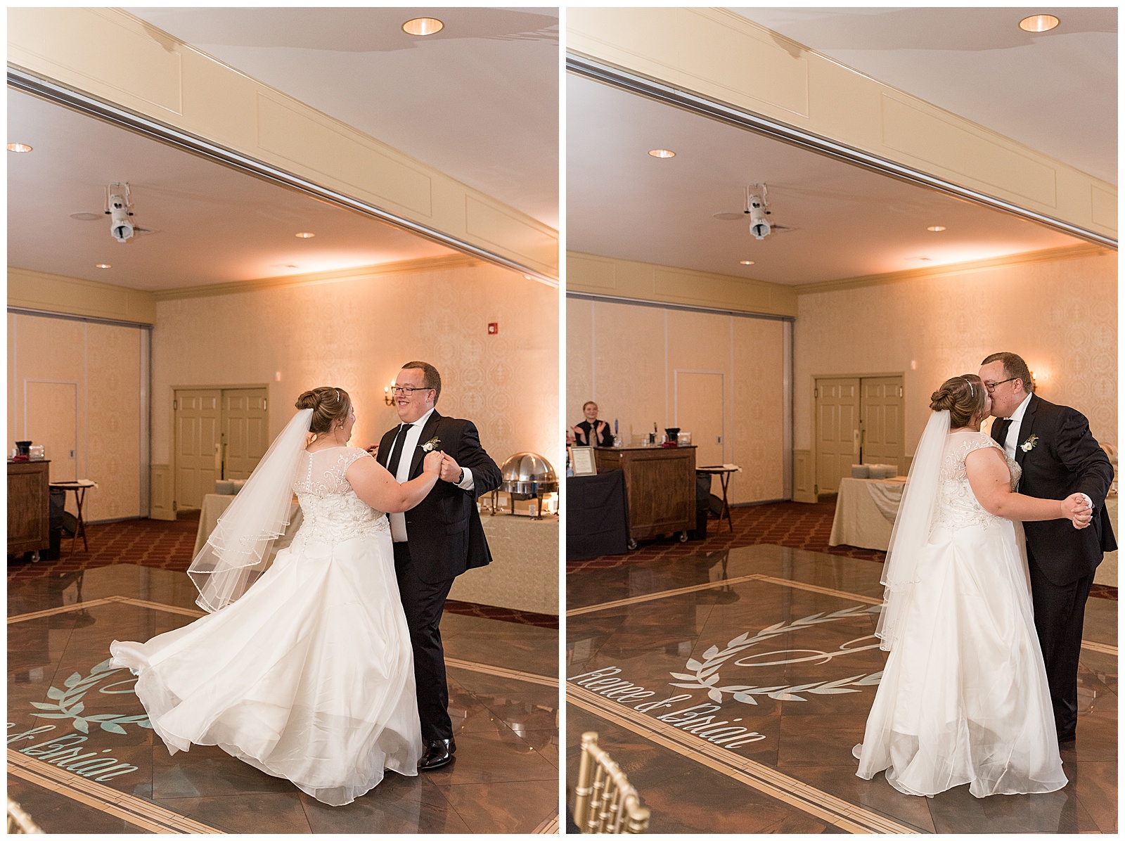 couple having fun dancing on wooden dance floor inside wedding reception