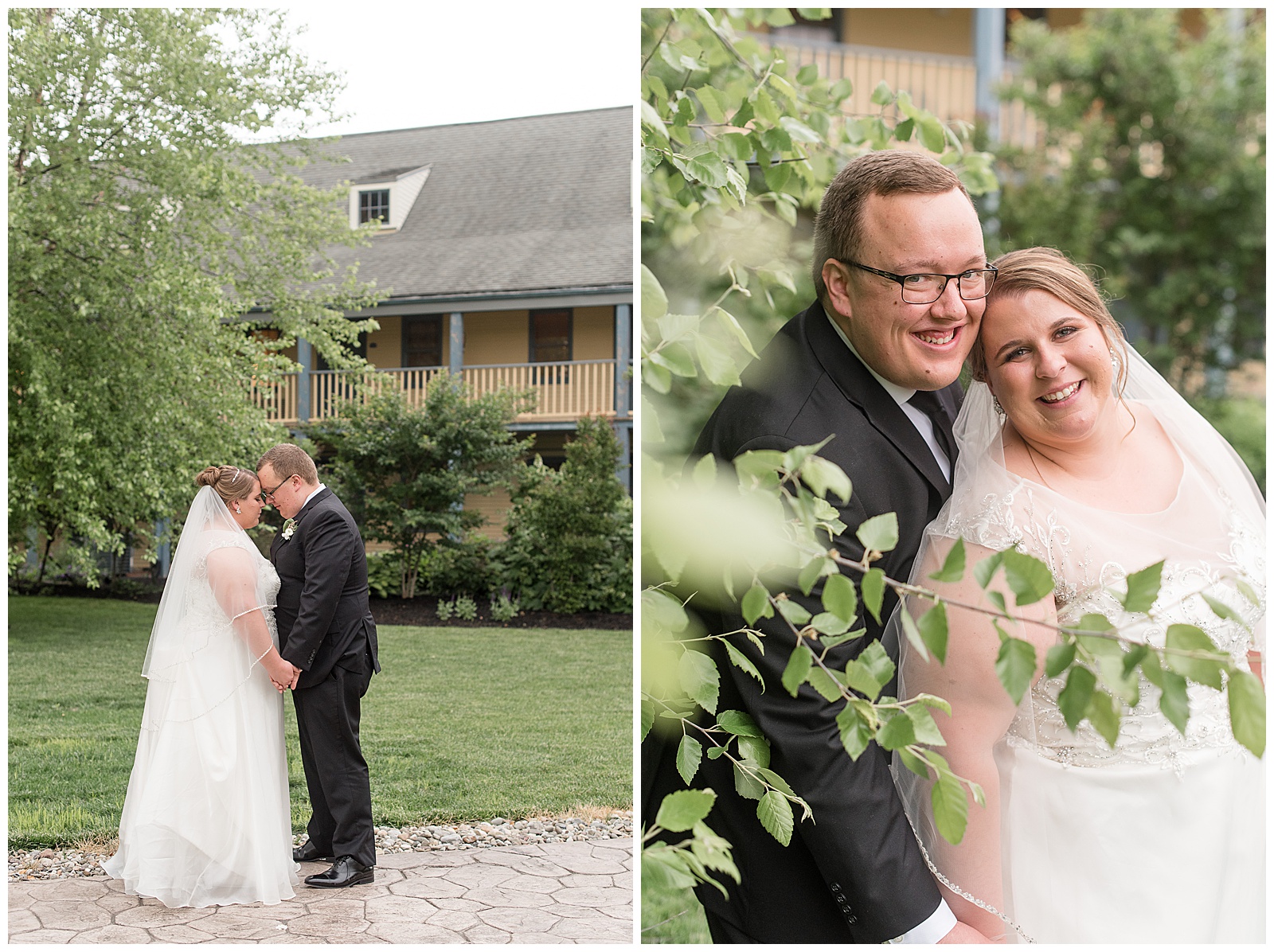 groom stands behind bride as they both smile at camera behind willow tree branches on sunny wedding day