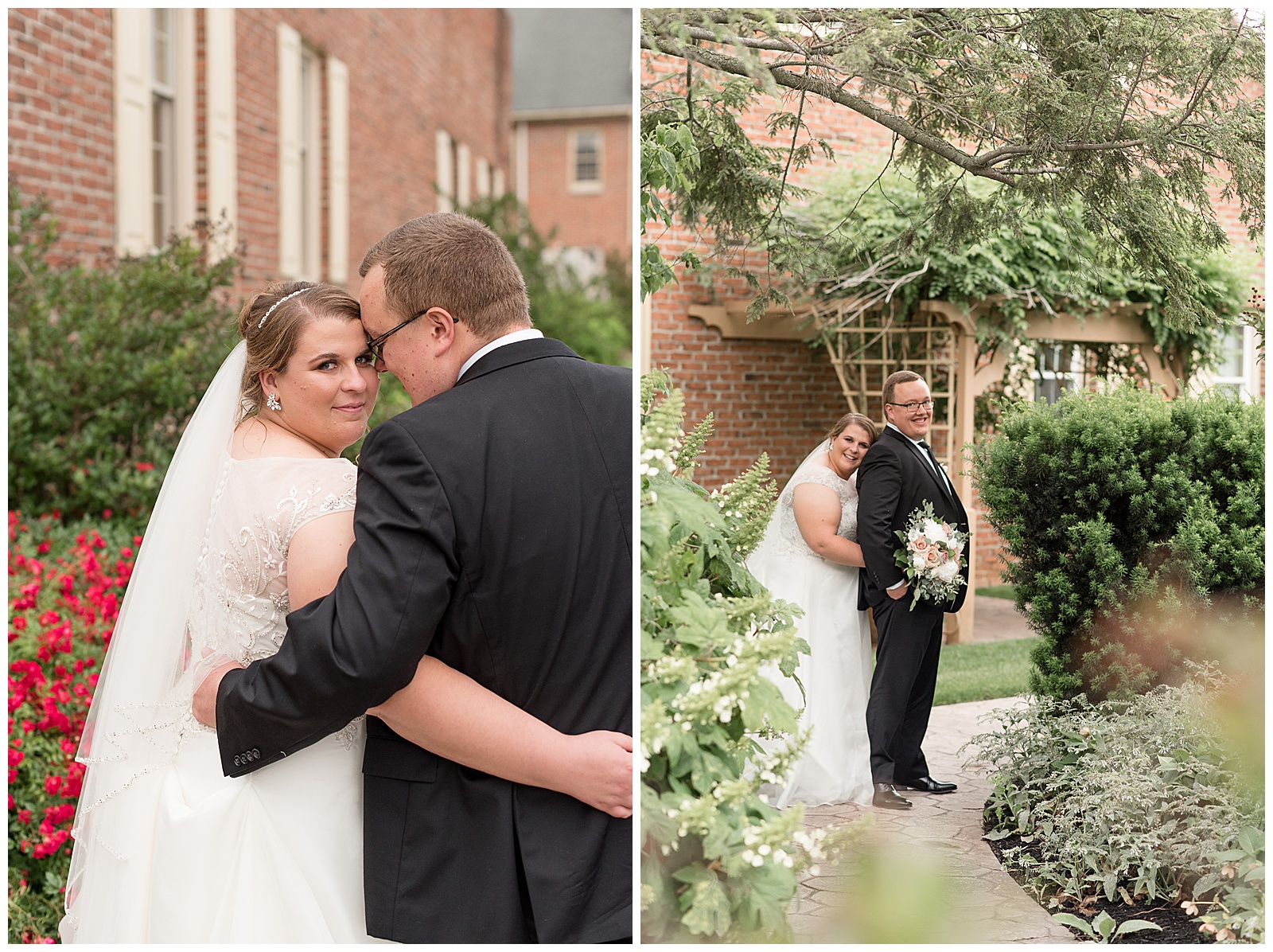 bride glances over right shoulder with hugging her groom as he rests his forehead against hers