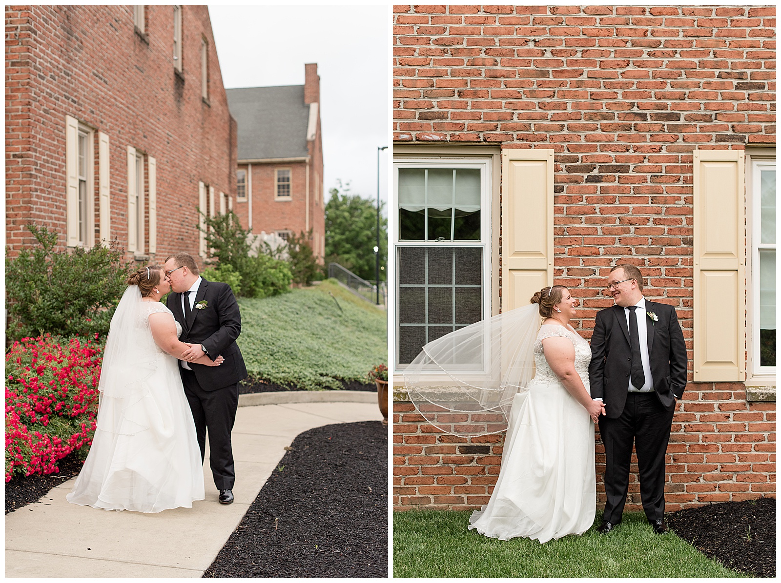 bride facing her groom as her veil blows behind her outside historic brick building at wedding reception