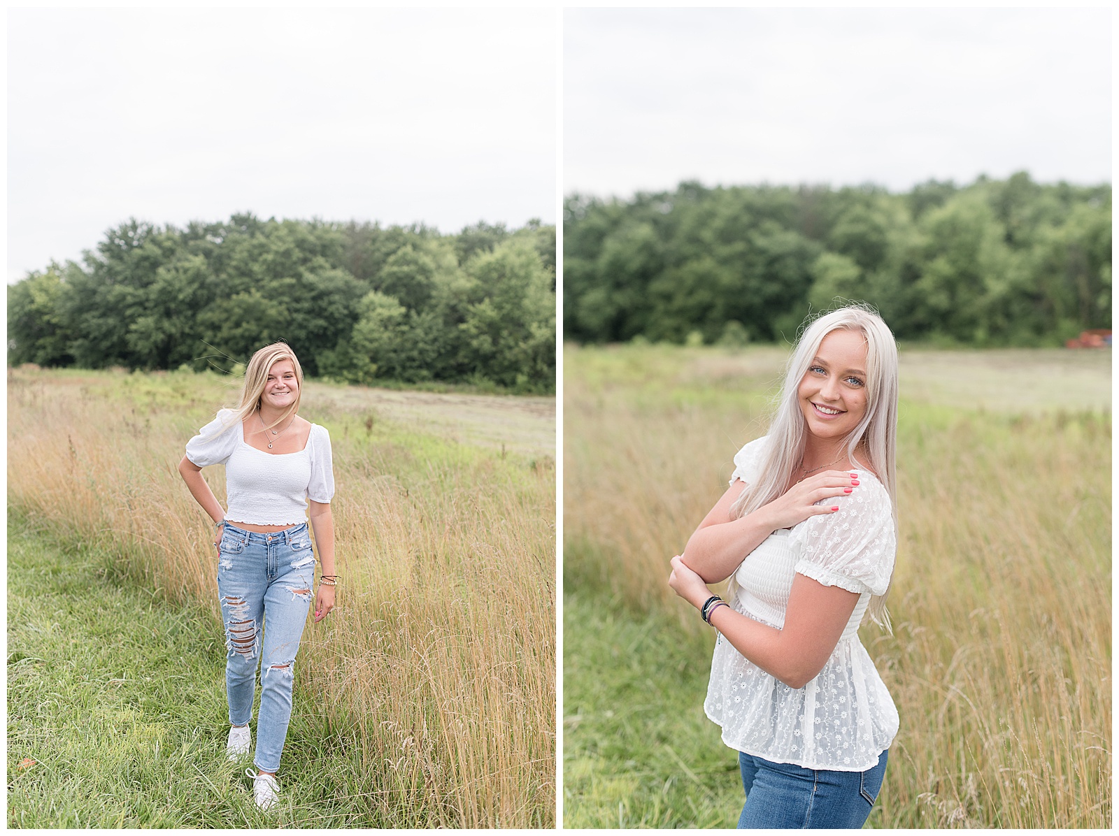 two senior girls with blonde hair each wearing white shirt and blue jeans smiling beside tall grasses